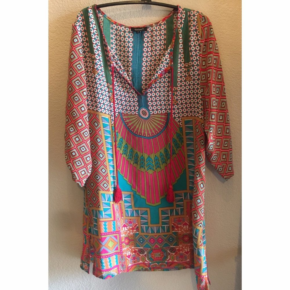 Tolani Silk Tunic Top Boho Multi Color Print Tie F